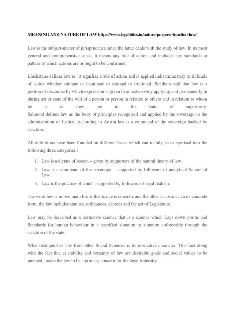 MEANING AND NATURE OF LAW Https PDF Jurisprudence Welfare