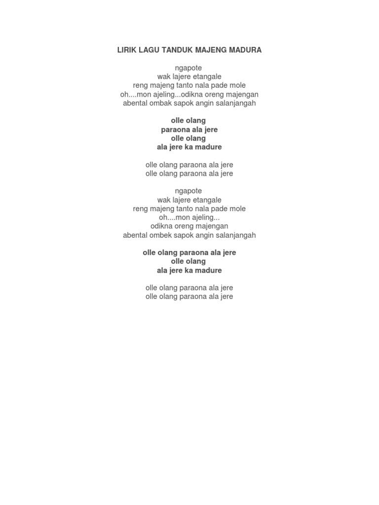 Lirik Lagu Tanduk Majeng Madura Docx