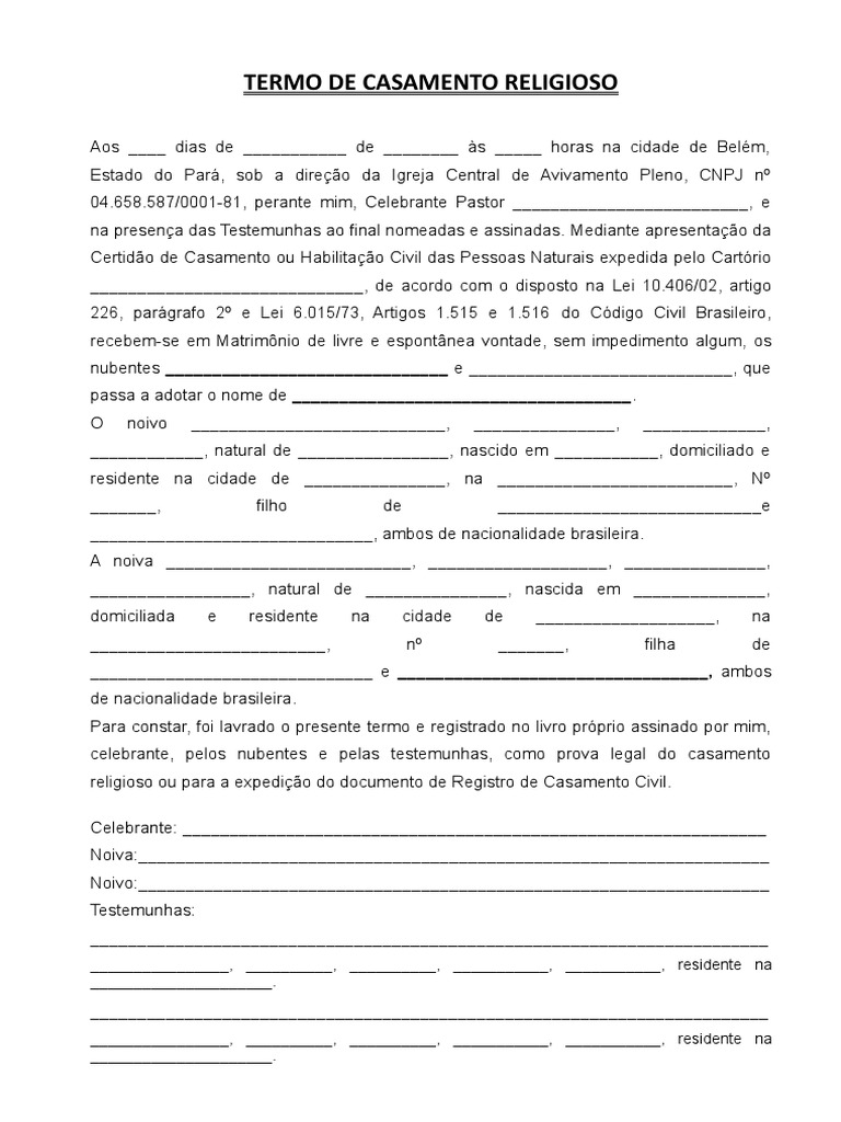 Termo de Casamento Religioso - para Preencher | PDF | Casamento ...