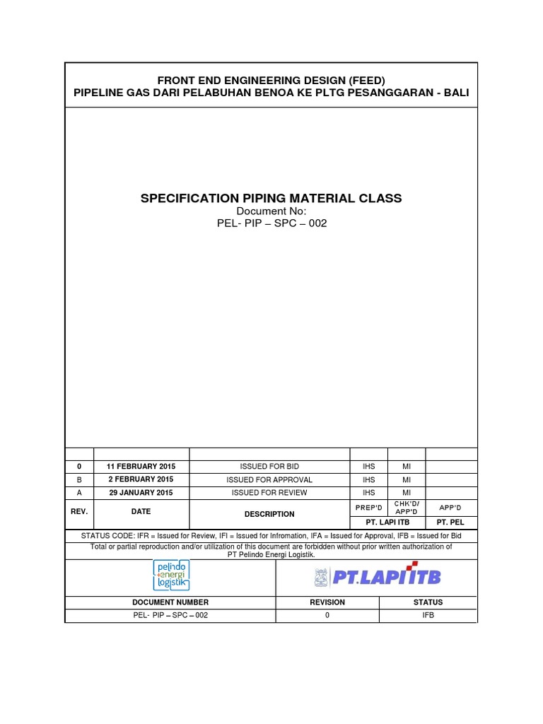 Piping Material Specification PEL-PIP-SPC-002 | PDF | Pipe (Fluid ...