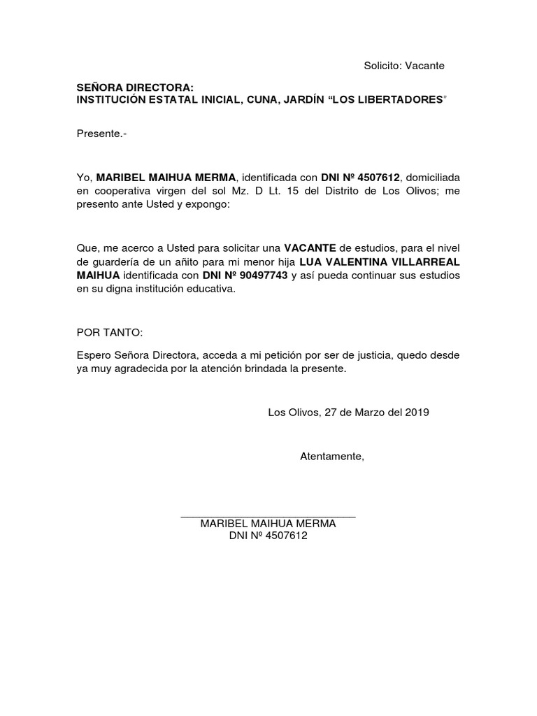 Solicito Vacante En El Colegio Pdf