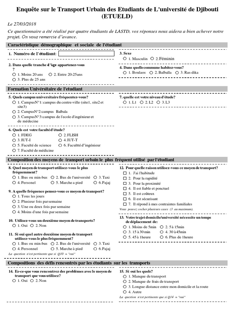 Questionnaire Enquete Sur Le Transport De Letudients Ud311 Pdf Transport Echecs
