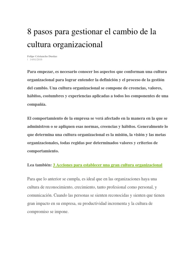 8 Pasos para Cambiar la Cultura Organizacional | PDF | Cultura ...