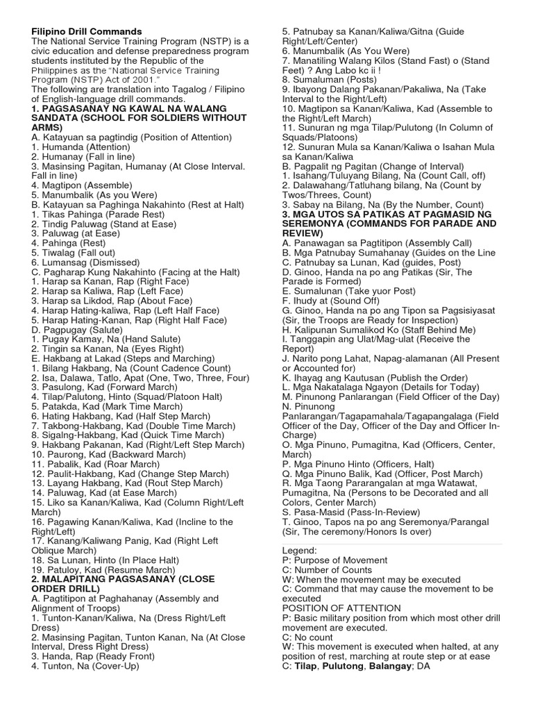 Tagalog Military Drill Commands Guide | PDF | Military | Military Science