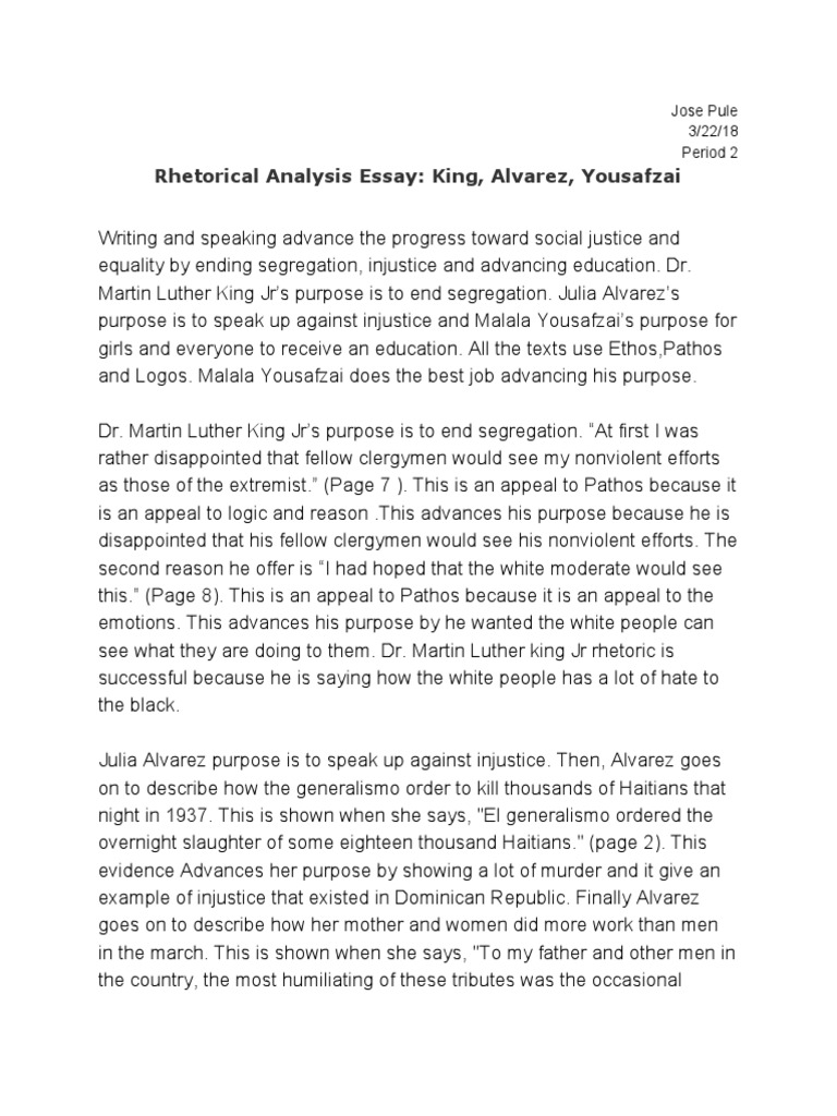 Rhetorical Analysis Essay King Alvarez Yousafzai  PDF  Malala
