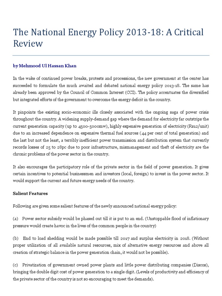 National Energy Policy 2013-18 Review | PDF | Electric Power ...