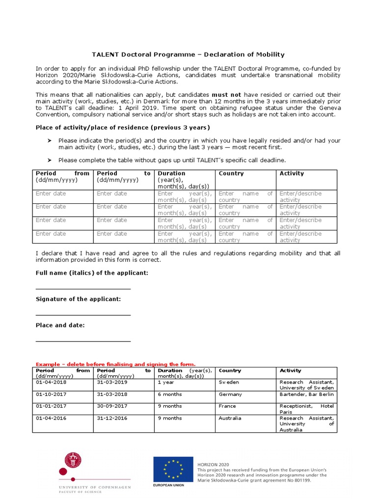 Mobility Declaration for TALENT PhD Applicants | PDF | Government