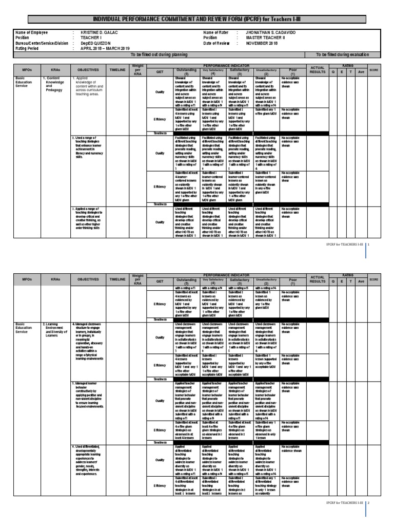 Individual Performance Commitment and Review Form (Ipcrf) For Teachers ...