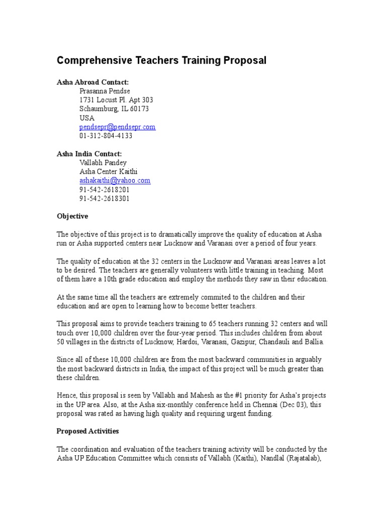 Comprehensive Teachers Training Proposal: Asha Abroad Contact | PDF ...