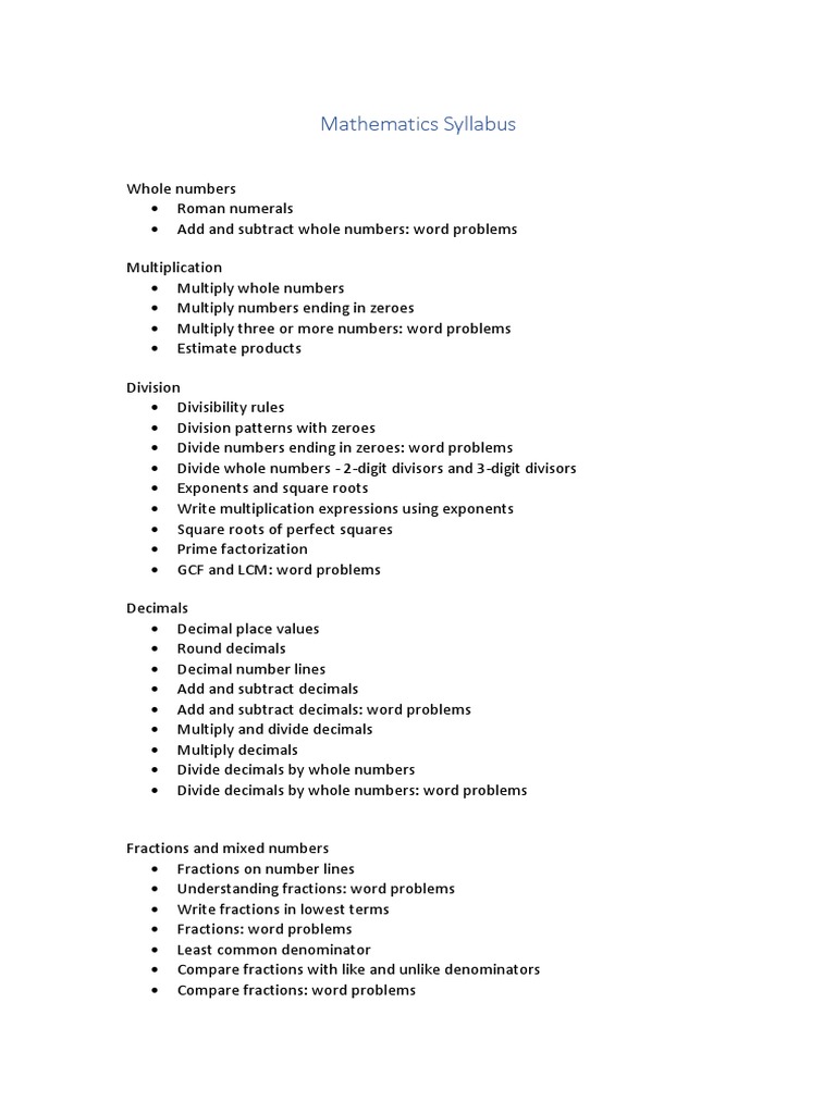 Grade 6 Mathematics Syllabus Overview | PDF | Fraction (Mathematics ...