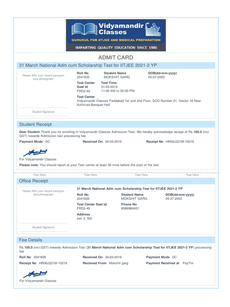 IITJEE Admission Test Receipt for Mokshit | PDF
