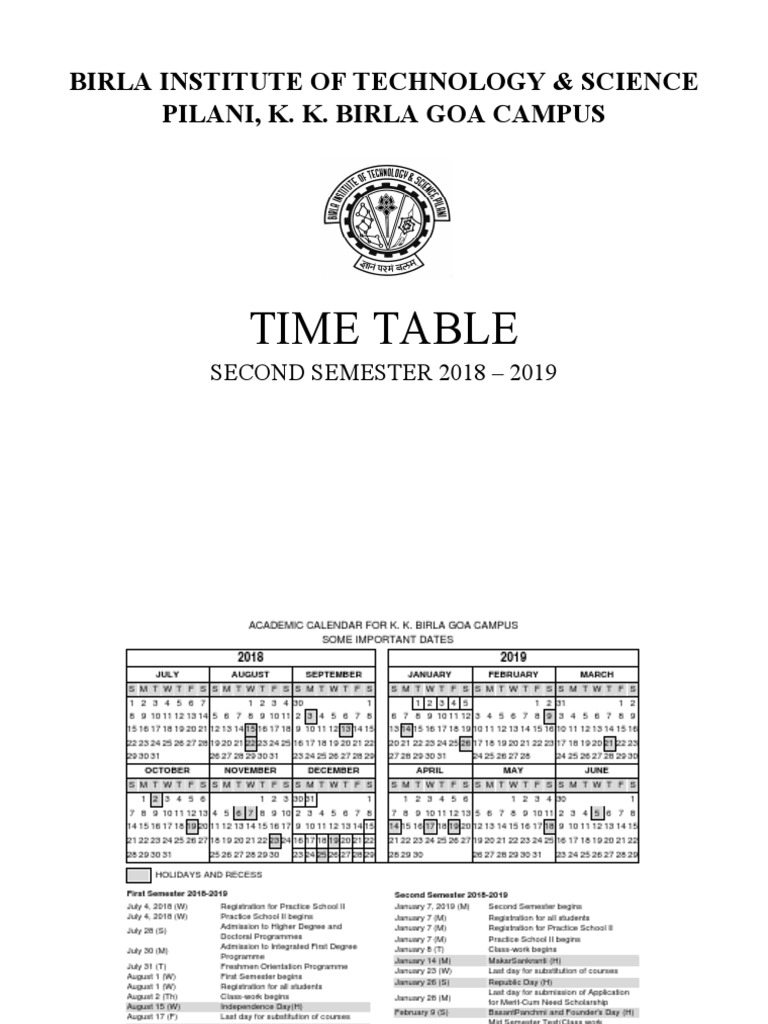 BITS Pilani Second Semester Timetable 2018 | PDF | Academic Term | Test ...