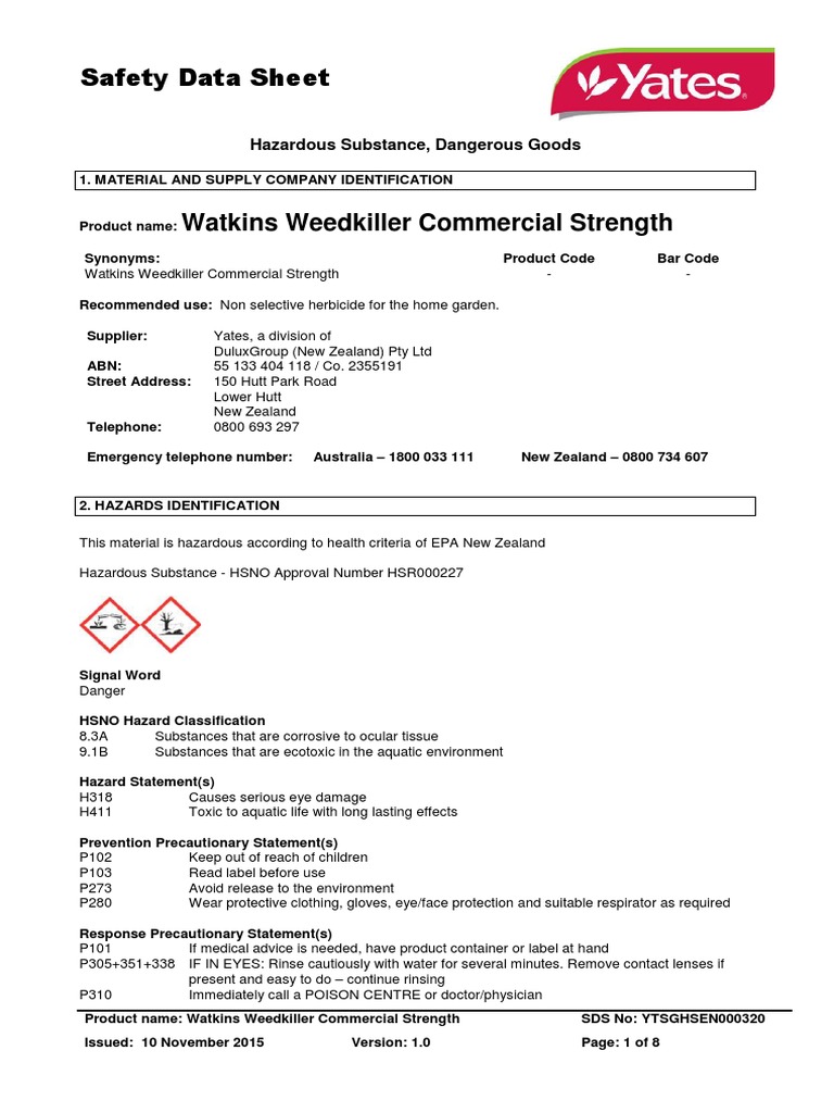 Watkins Weedkiller Commercial Strength-Nz Sds | PDF | Dangerous Goods ...