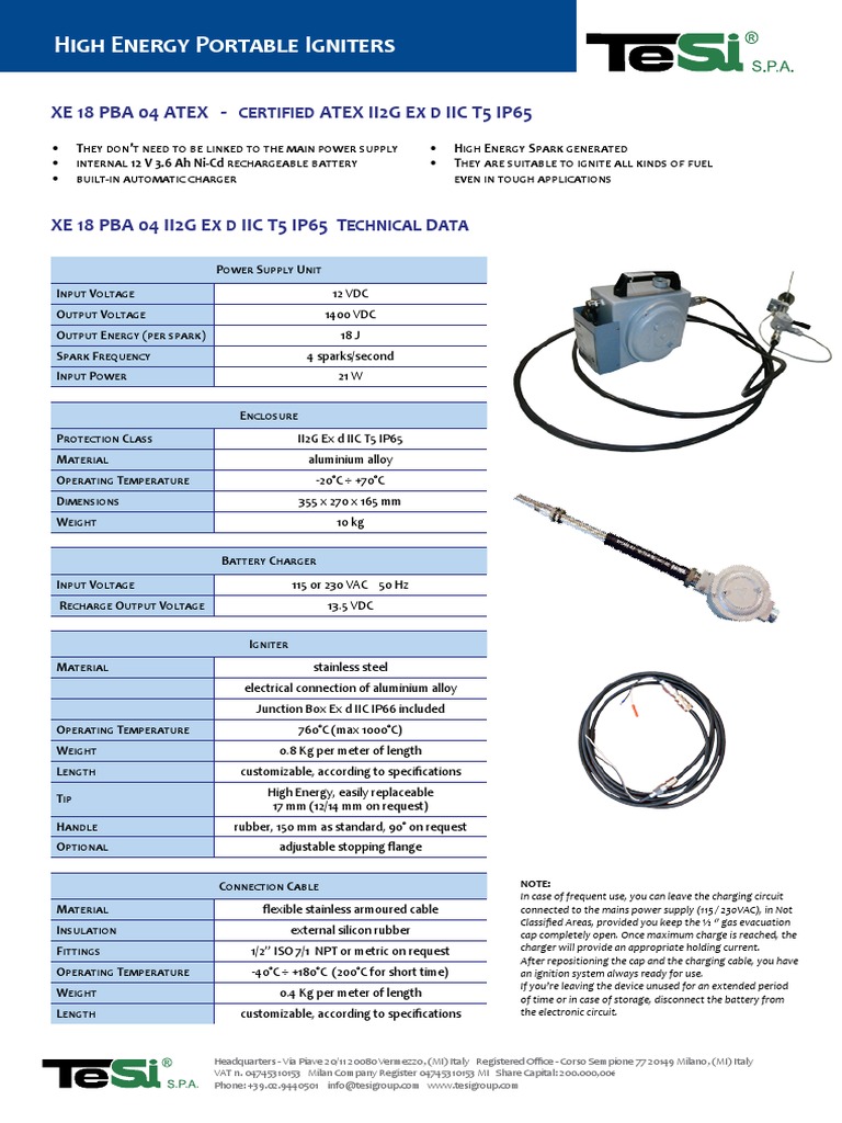 High Energy Portable Igniters: XE 18 PBA 04 ATEX - Certified ATEX II2G ...