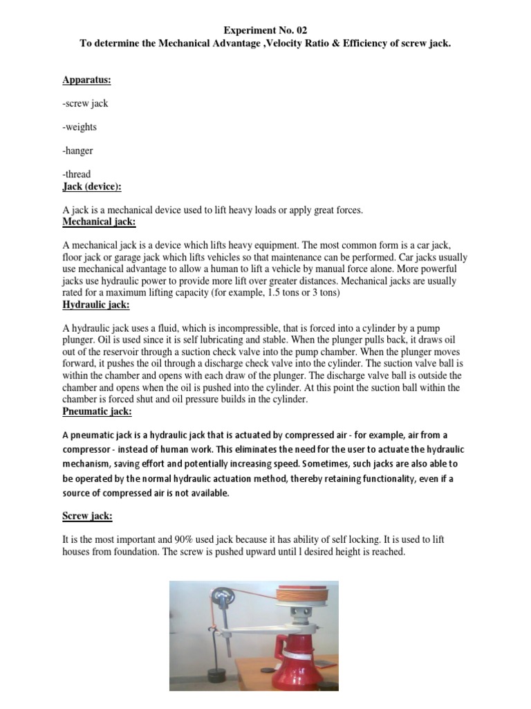 Experiment No. 02 To Determine The Mechanical Advantage, Velocity Ratio & Efficiency of Screw