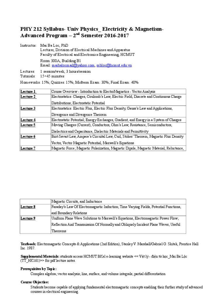 PHY 212: Electricity & Magnetism Syllabus | PDF | Magnetic Field ...