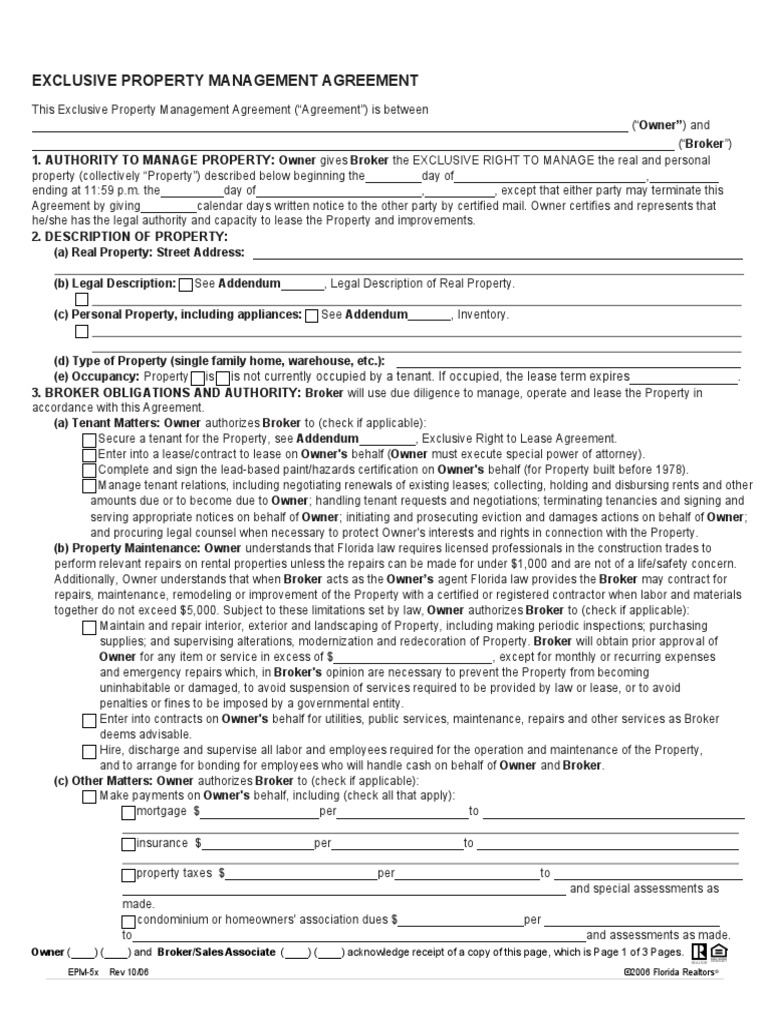 Exclusive property management agreement showing property details and broker authority