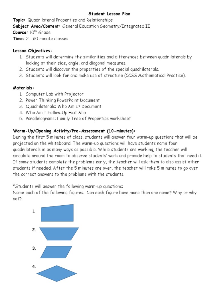 Quadrilaterals Lesson Plan Pdf Rectangle Euclidean Plane Geometry