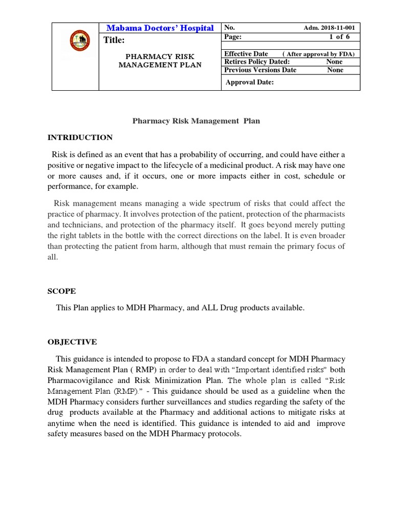 Pharmacy Risk Management Plan | PDF | Pharmacovigilance | Risk Management