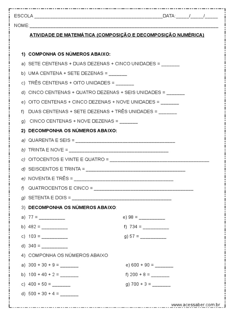 Atividade de Matematica Composicao e Decomposicao Numerica 4º Ou 5º Ano ...