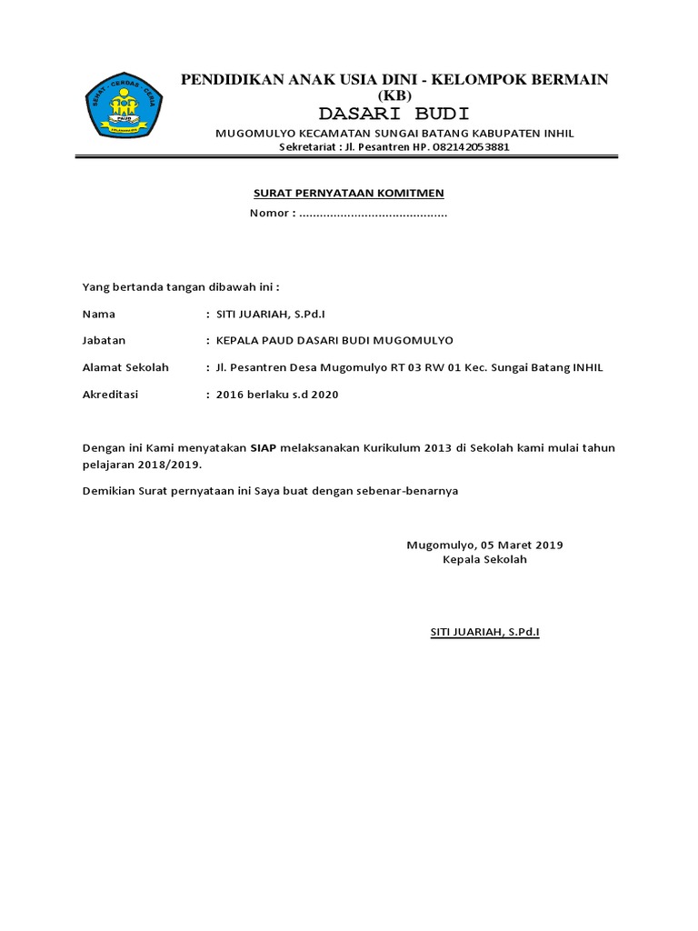 Surat Pernyataan Kesanggupan Melaksanakan K13 Pdf