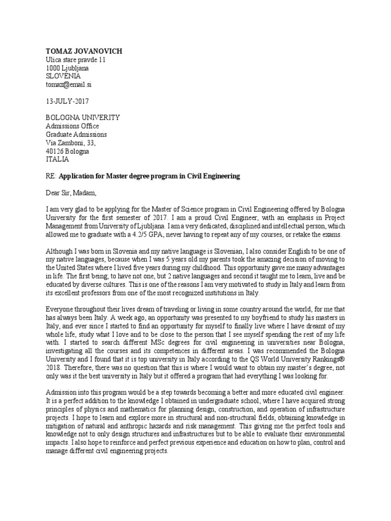 Sample Motivation Letter For Masters Degree Civil Engineering Pdf Academic Degree Master Of Science