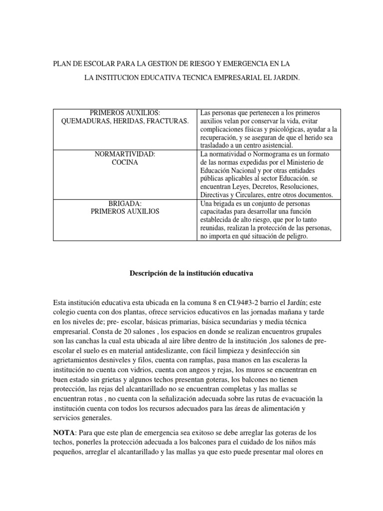 Plan de Escolar para La Gestion de Riesgo y Emergencia en La | PDF ...