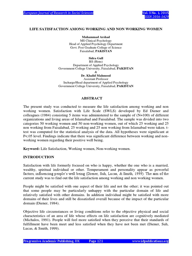 Life Satisfaction Among Working Non Working Women | PDF | Well Being ...