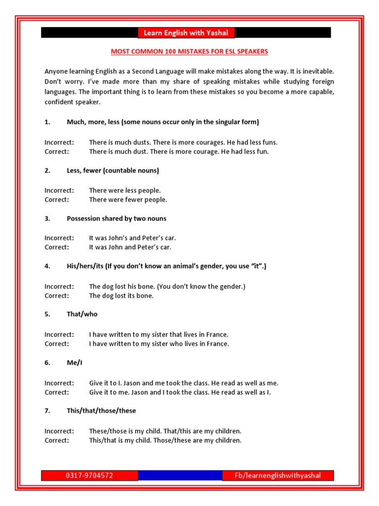 Common ESL Grammar Mistakes Explained | PDF | Grammatical Number ...