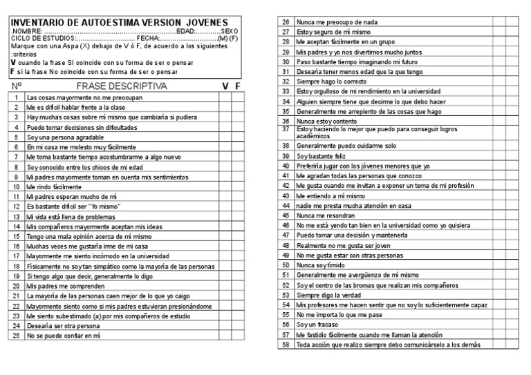 Cuestionario de Autoestima para Adolescentes | PDF | Ocio