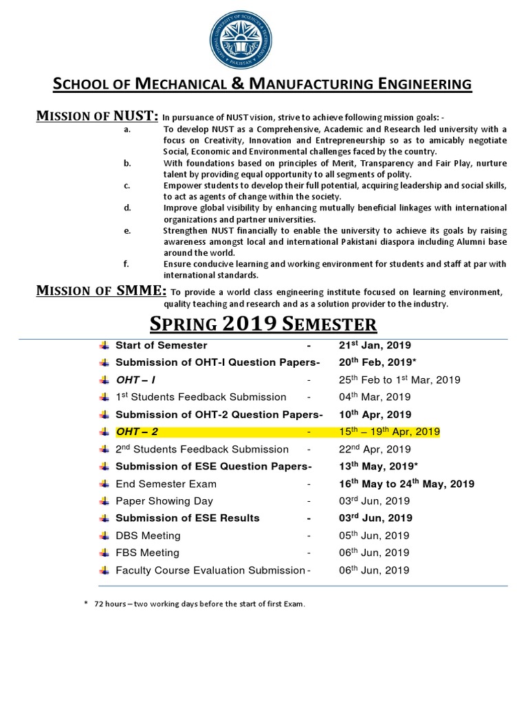 Goals and Academic Calendar for the Spring 2019 Semester at the School