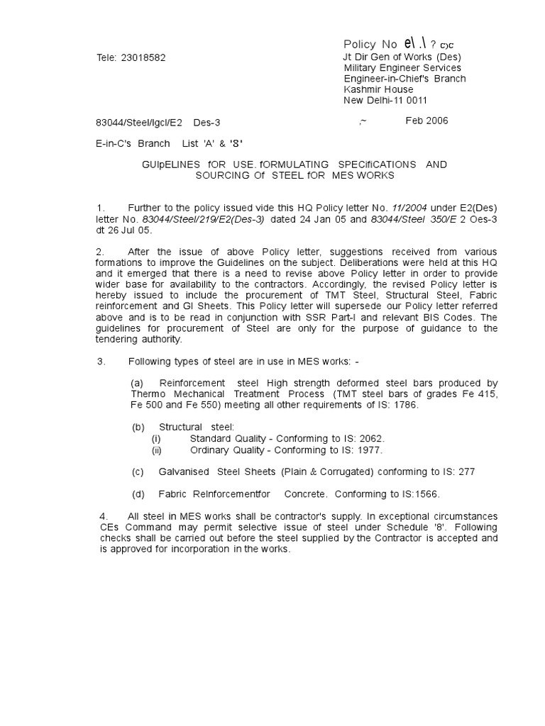 MES Steel Procurement Guidelines | PDF | Specification (Technical ...