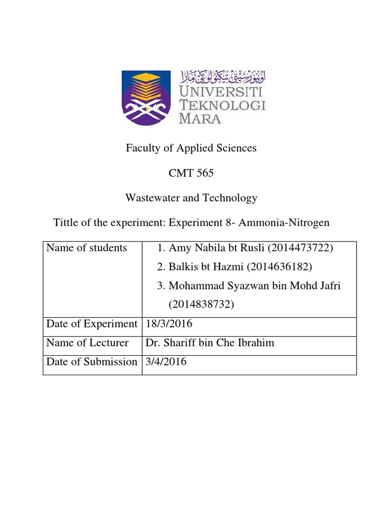 Experiment 8 Ammonia Nitrogen | PDF | Ammonia | Nitrate