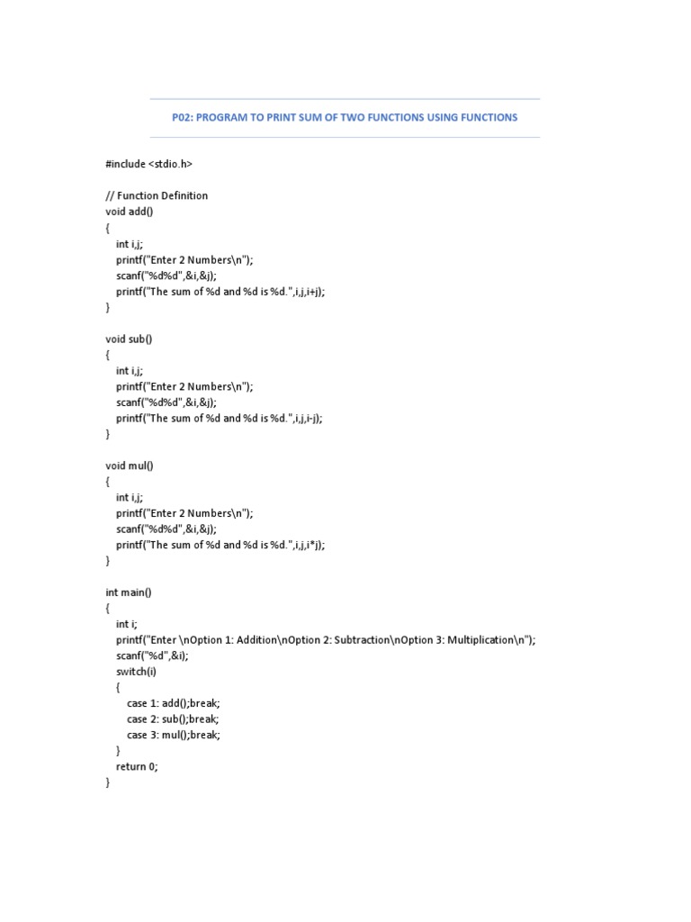C Functions for Basic Arithmetic Operations | PDF | Computers