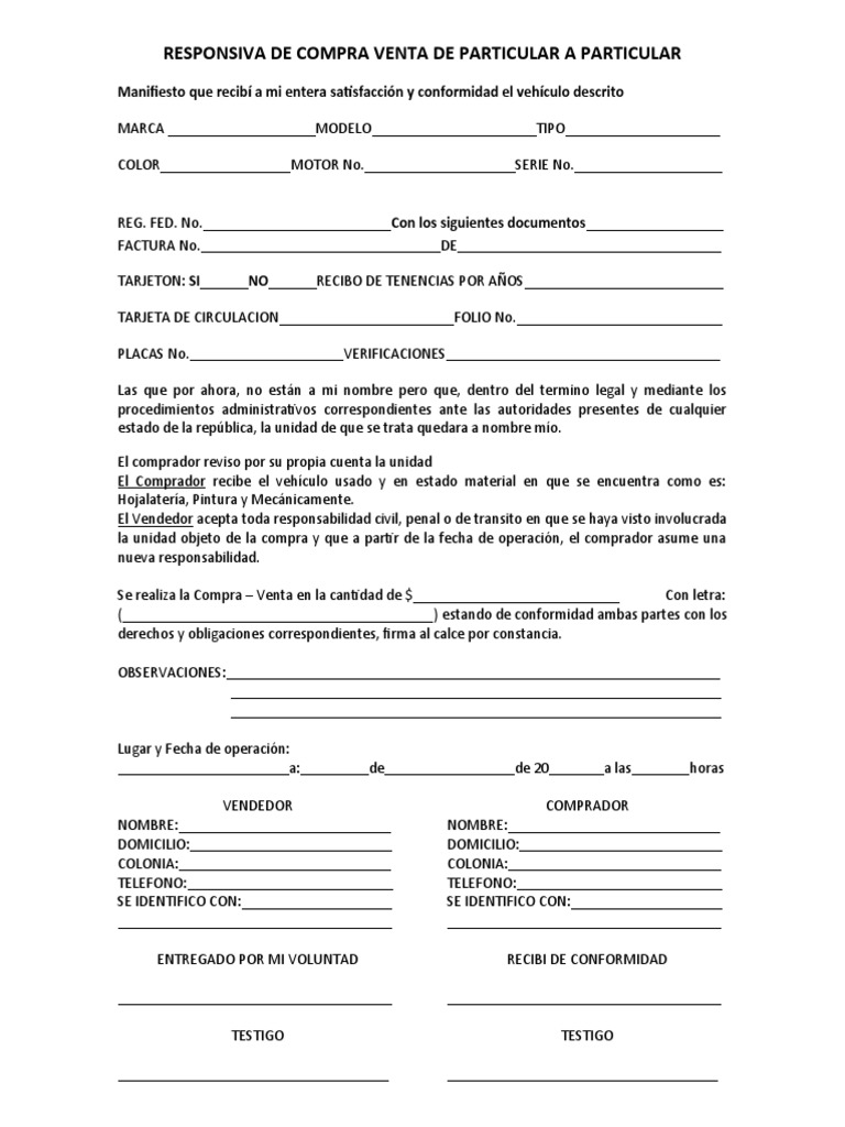 Responsiva de Compra Venta de Particular a Particular