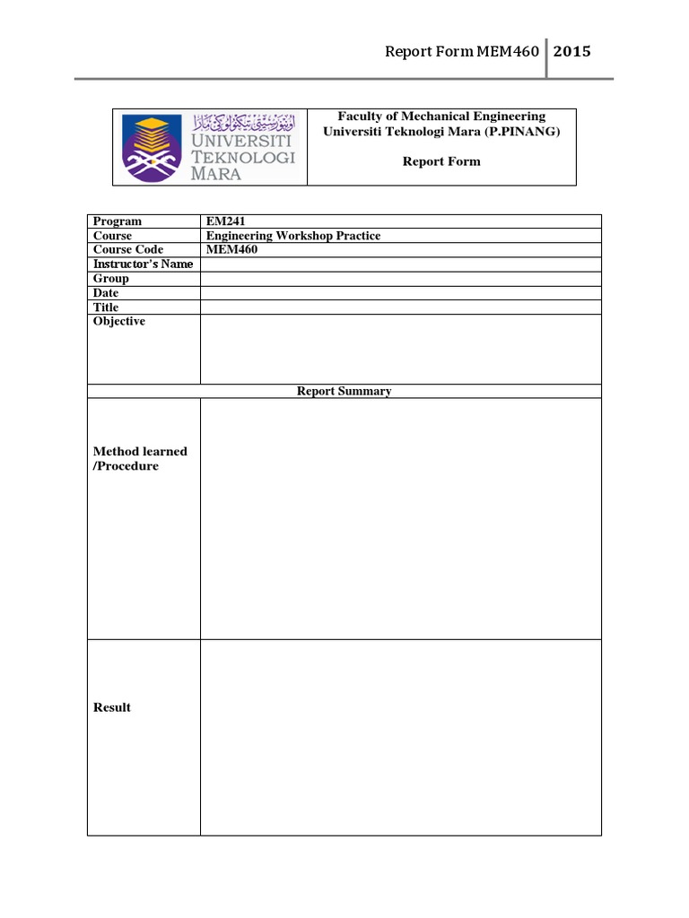 MEM460 Engineering Workshop Report Form | PDF
