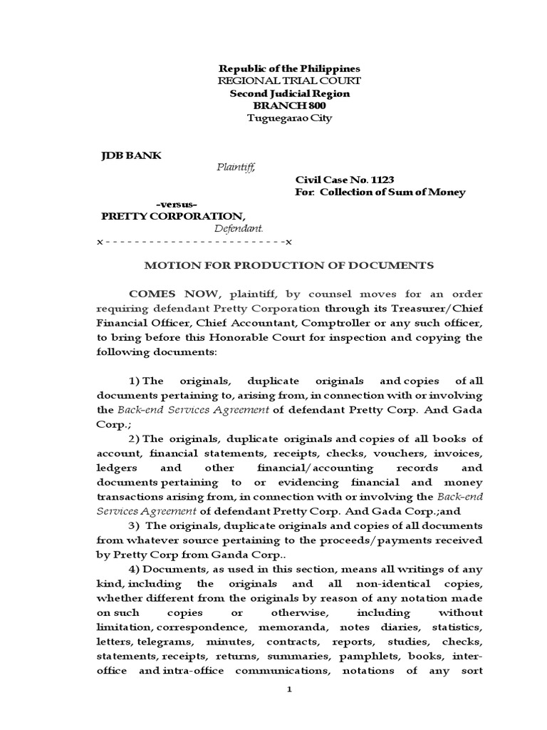 Motion for Document Production in Court | PDF | Lawsuit | Virtue