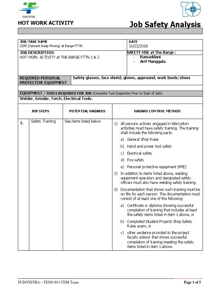 Hot Work Safety Analysis for Fudotetra | PDF | Personal Protective ...