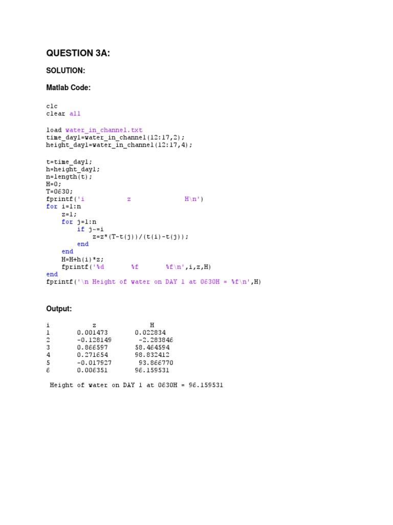 Question 3A:: Solution: Matlab Code | PDF | Applied Mathematics ...