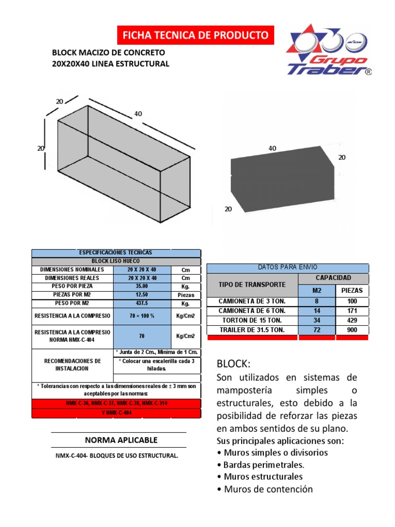Feudo Actual Coca Ficha Tecnica Block Macizo de Concreto 20x20x40 Linea Estructural Nmx-c-404  | PDF