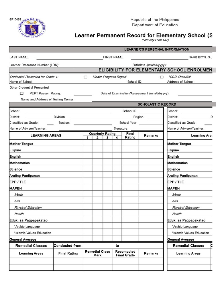 Learner's Permanent Record (SF10-ES) | PDF | Physical Education | Learning