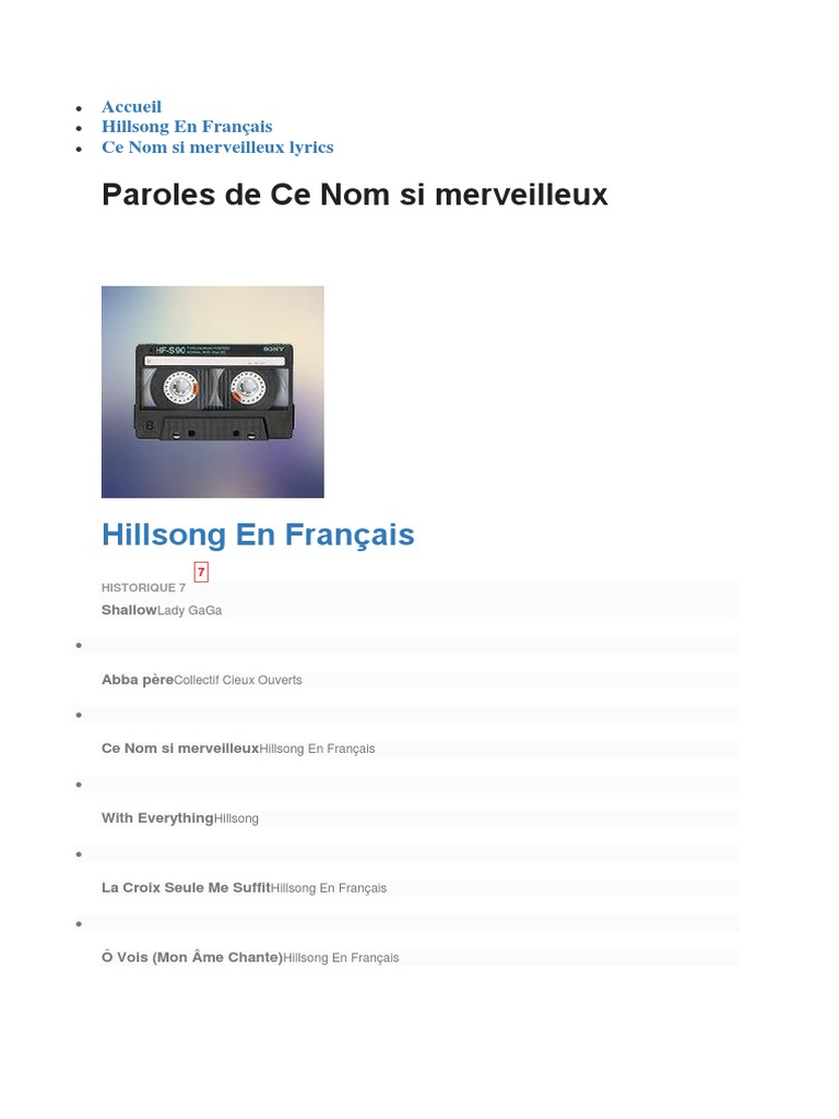 Paroles De Hillsong En Français Ce Nom Si Merveilleux Hillsong en Francais Paroles de Ce Nom Si Merveilleux | PDF | Jésus |  Doctrines et croyances religieuses