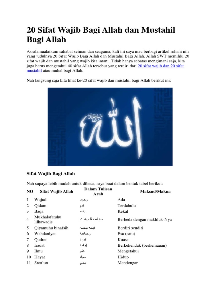 20 Sifat Wajib Bagi Allah Dan Mustahil Bagi Allah Pdf