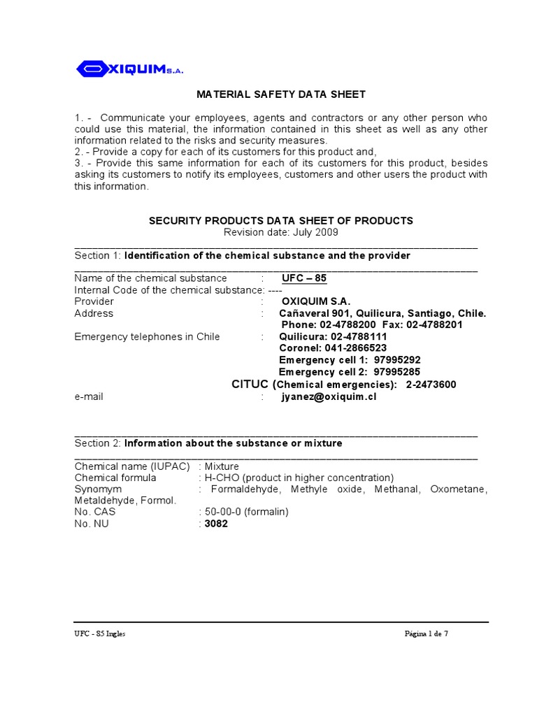 Ufc85 MSDS PDF PDF Formaldehyde Magnesium