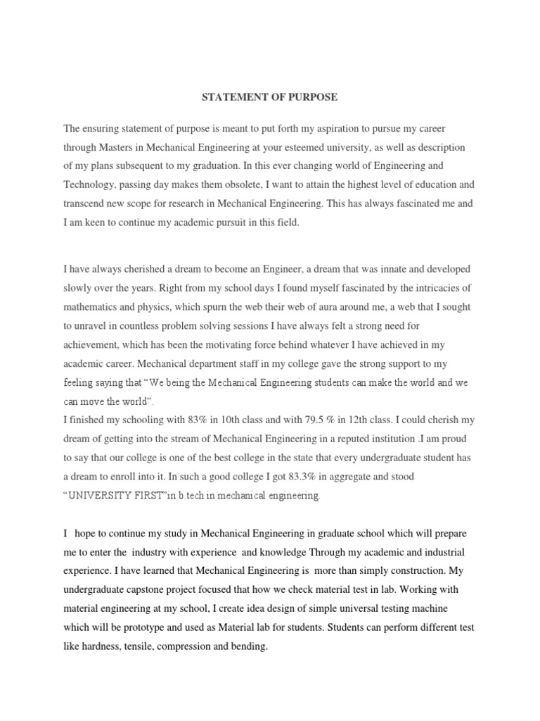 Statement of Purpose for Ms Apply | Mechanical Engineering | Graduate ...