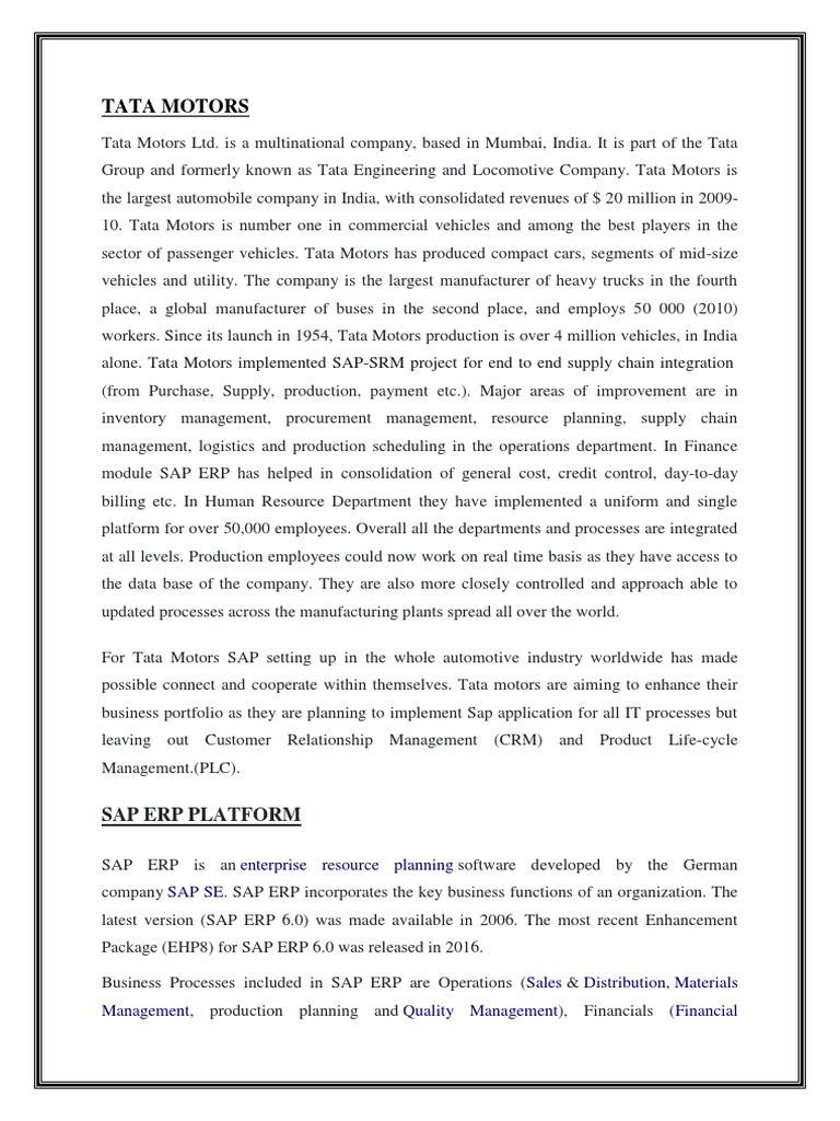 Tata Motors SAP ERP Implementation Overview | PDF | Information ...
