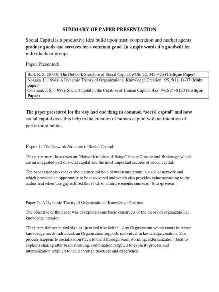 Summary of Paper Presentation PDF Social Capital Tacit Knowledge
