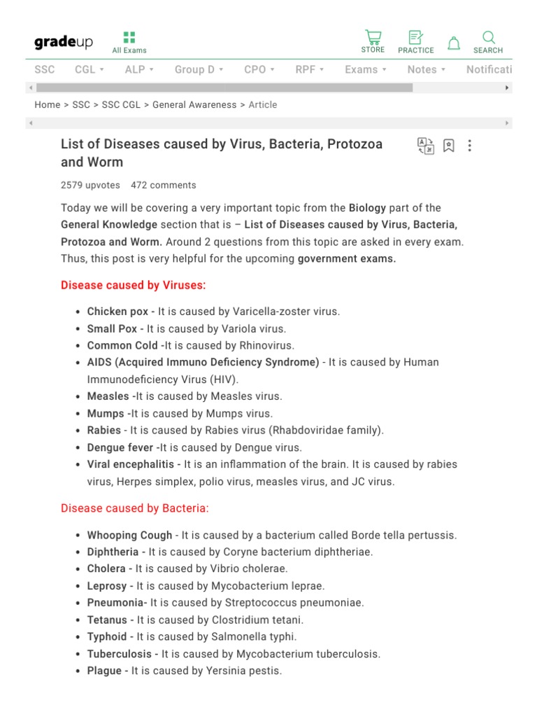 List of Diseases Caused by Virus, Bacteria, Protozoa and Worm | PDF ...