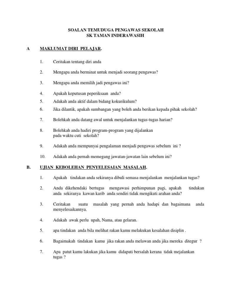 Soalan Temuduga Pengawas Sekolah