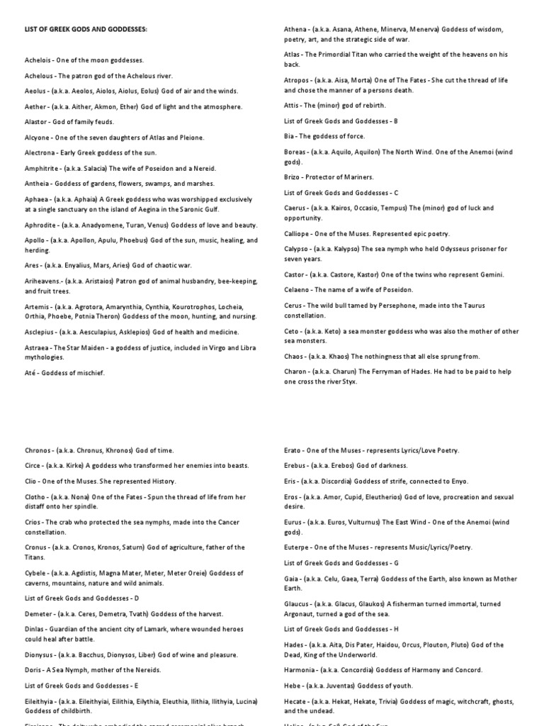 A-Z List of Greek Gods and Goddesses | PDF | Zeus | Deities